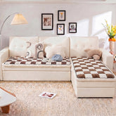 Cream-colored Large Plaid Square Fuzzy Pet Dog Mat Bed Corner Couch Cover