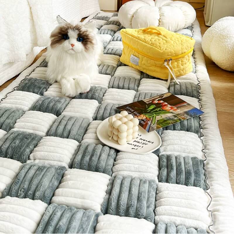 Cream-colored Large Plaid Square Fuzzy Pet Dog Mat Bed Corner Couch Cover