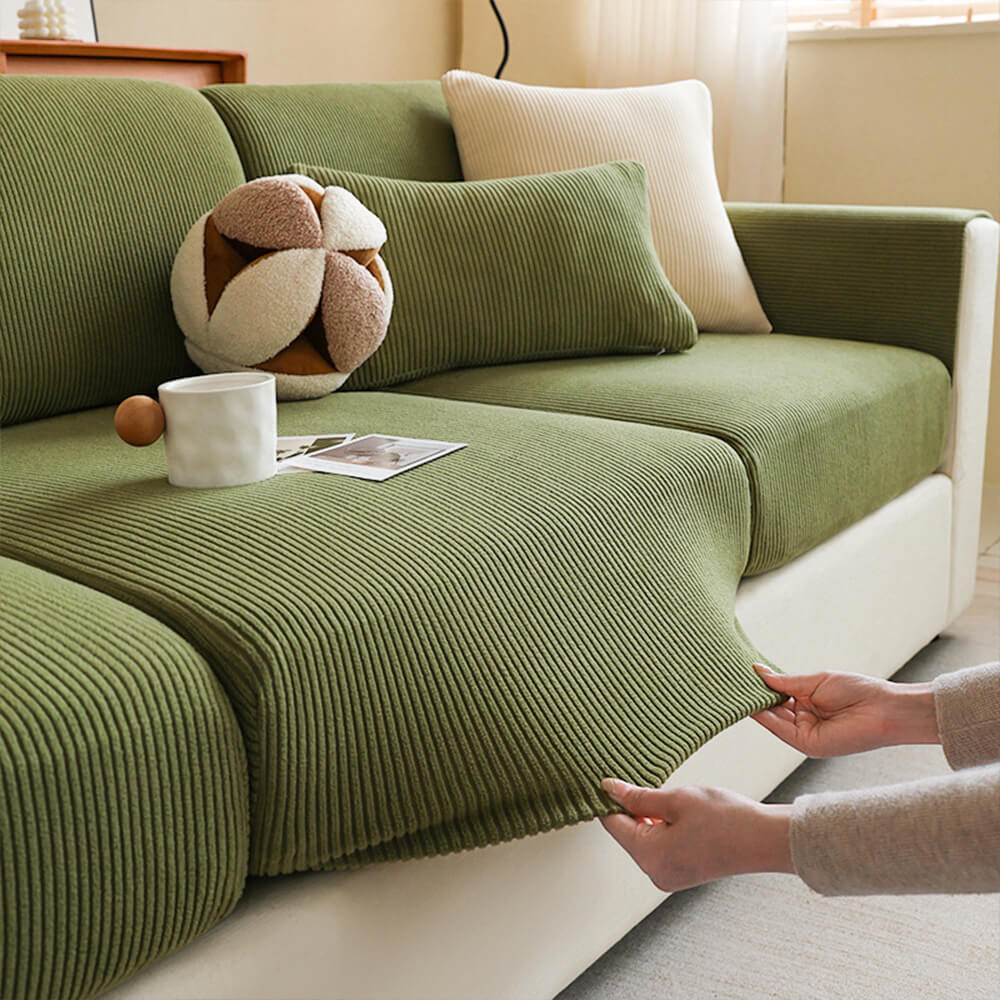 Vertical Stripe Corduroy Anti-Scratch Stretch Full-Cover Corner Sofa Cover