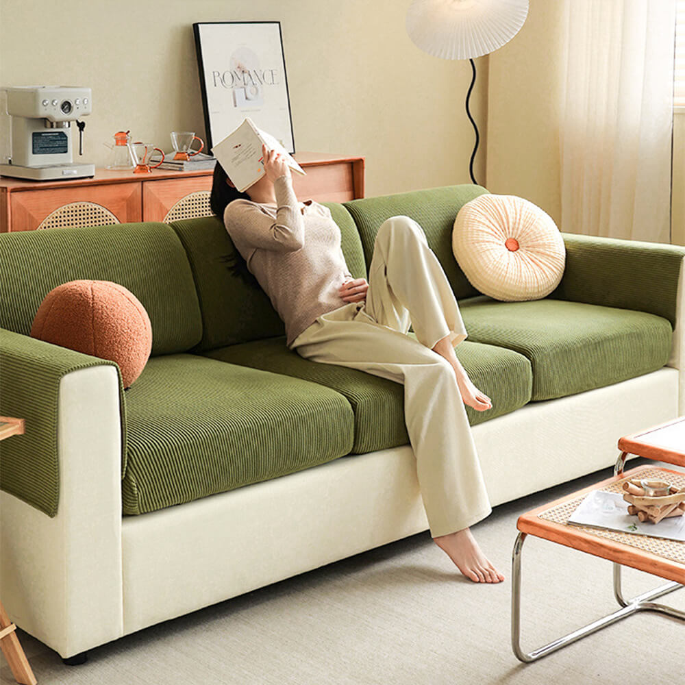 Vertical Stripe Corduroy Anti-Scratch Stretch Full-Cover Corner Sofa Cover