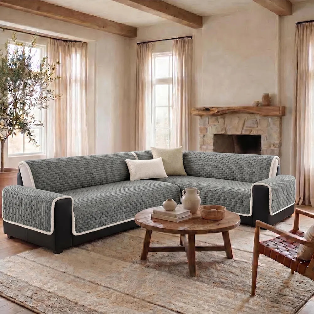 One-Piece Plush Scratch-Resistant Large Corner Sofa Covers with Elastic Straps