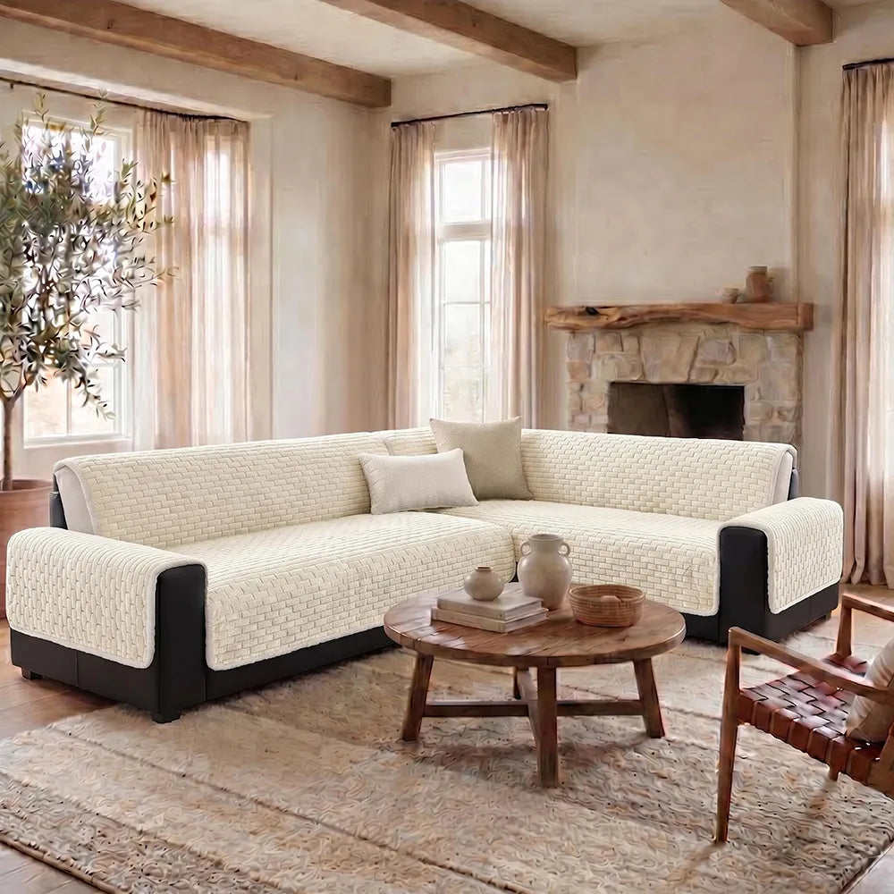 One-Piece Plush Scratch-Resistant Large Corner Sofa Covers with Elastic Straps