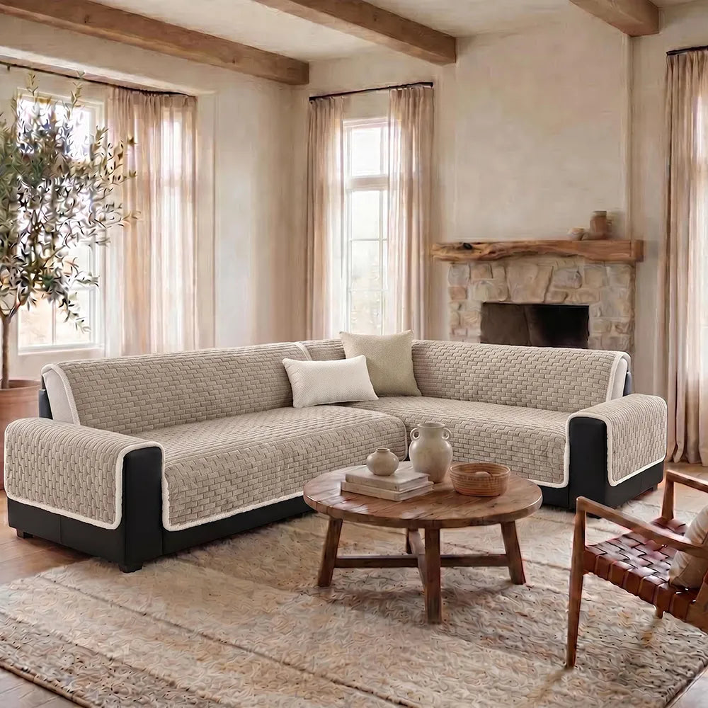 One-Piece Plush Scratch-Resistant Large Corner Sofa Covers with Elastic Straps