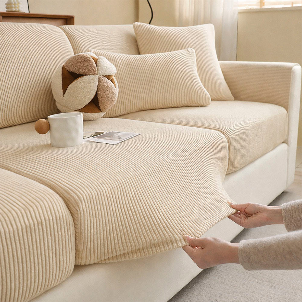 Vertical Stripe Corduroy Anti-Scratch Stretch Full-Cover Corner Sofa Cover
