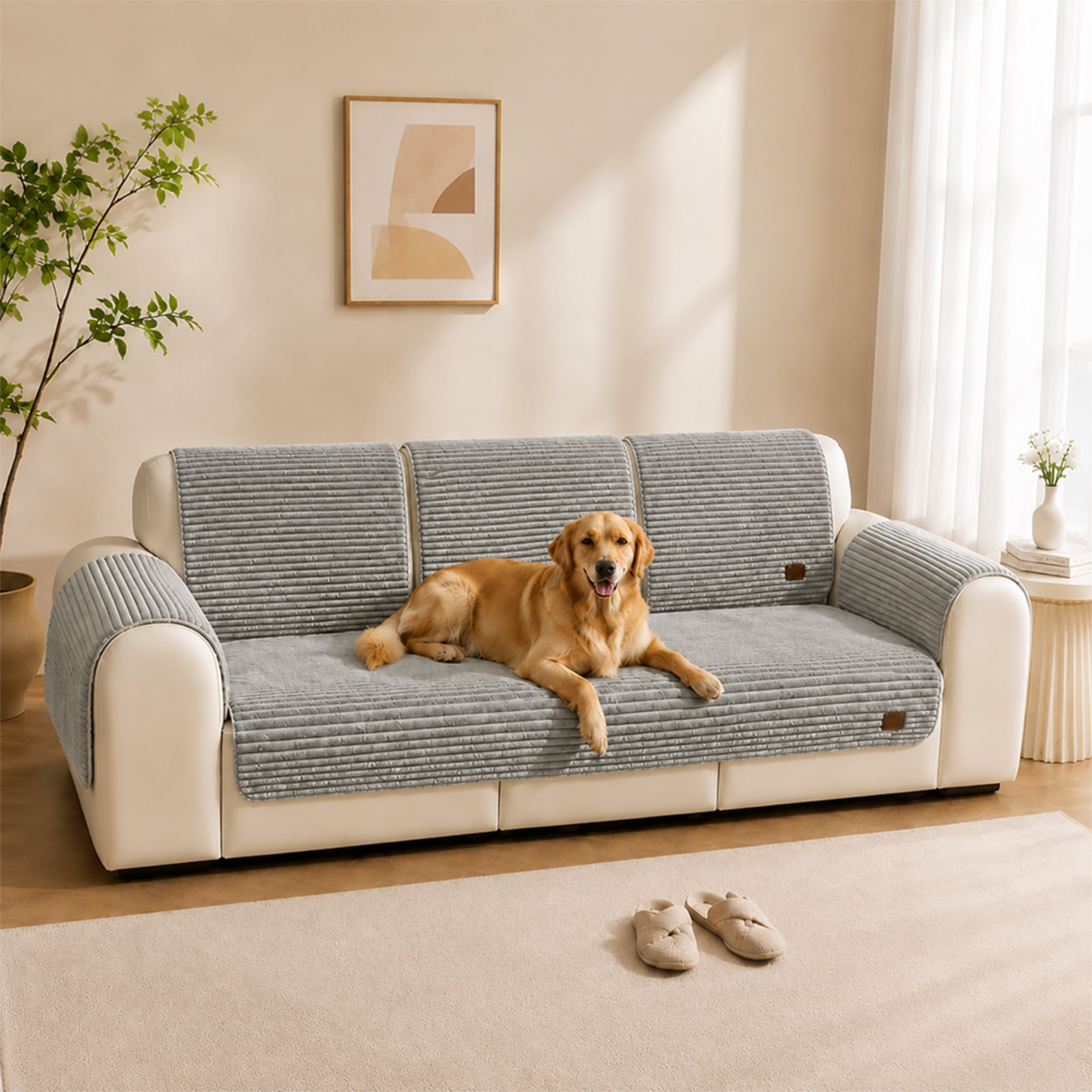 Furry Striped Sofa Protection Non-Slip Couch Cover - Solid
