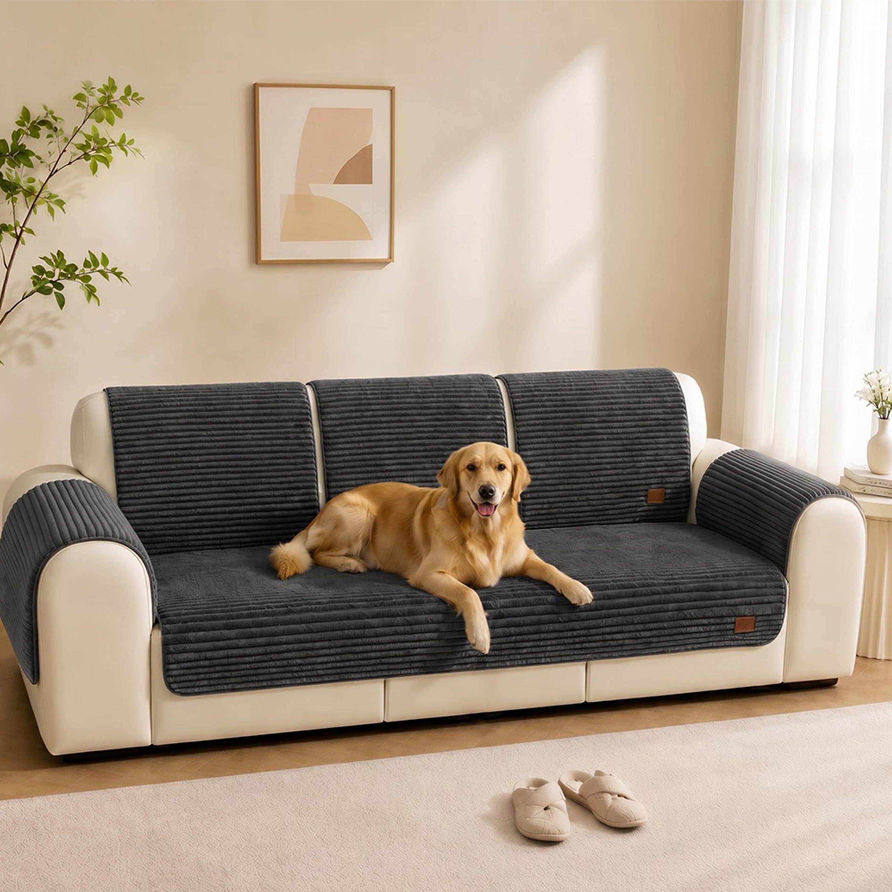 Furry Striped Sofa Protection Non-Slip Couch Cover - Solid