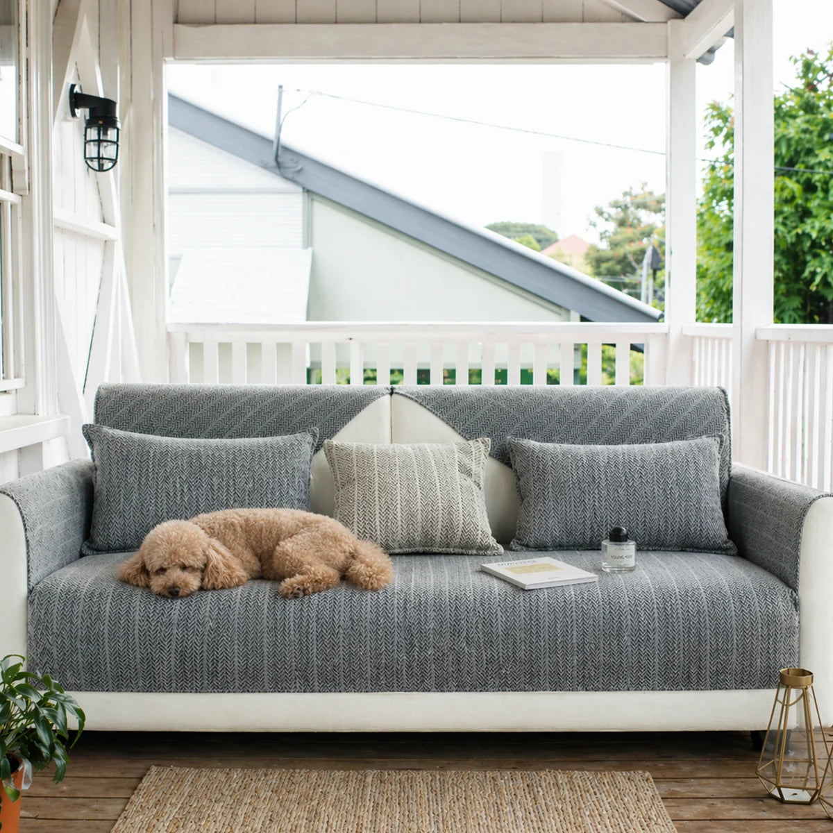 Solid Colour Chenille Anti-scratch Herringbone Outdoor Garden Sofa Cover
