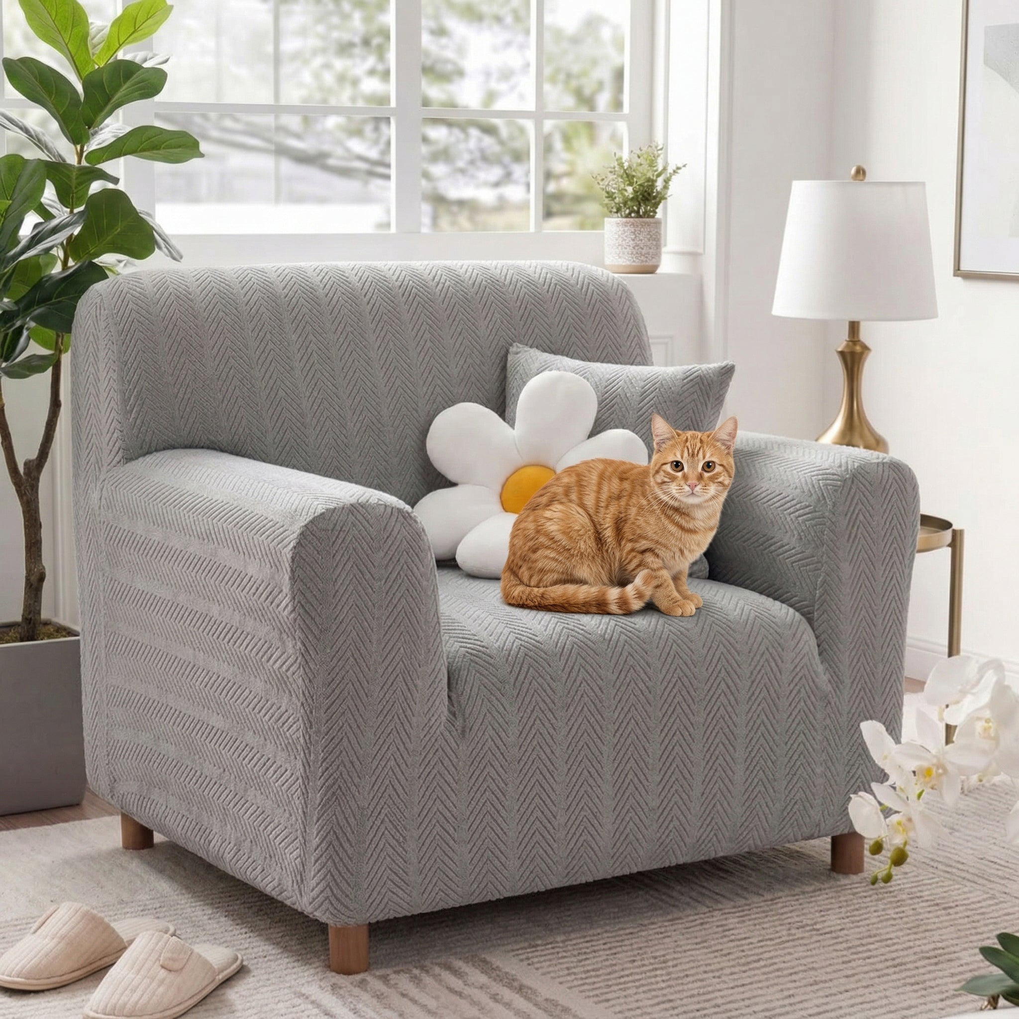 Elegant Herringbone Cream Aesthetic Stretch Sofa Cover Armchair Cover
