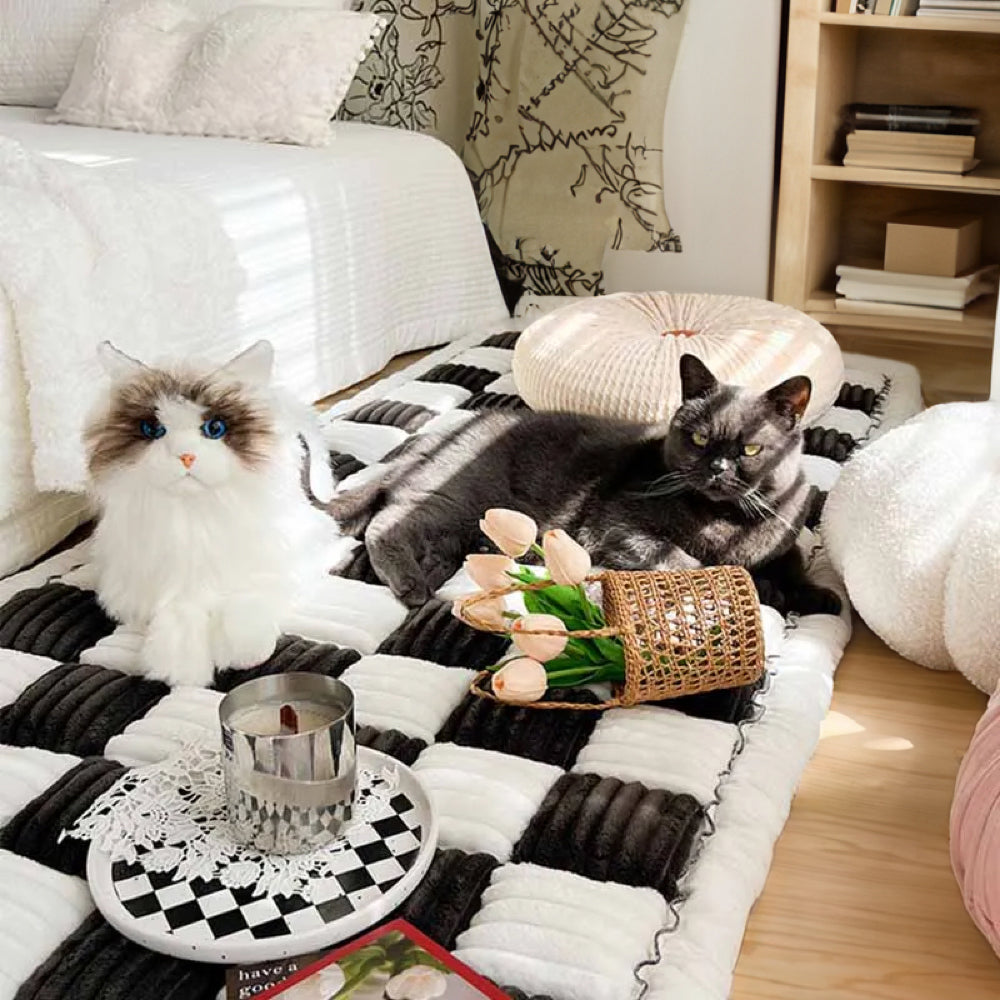 Cream-colored Large Plaid Square Fuzzy Pet Dog Mat Bed Corner Couch Cover