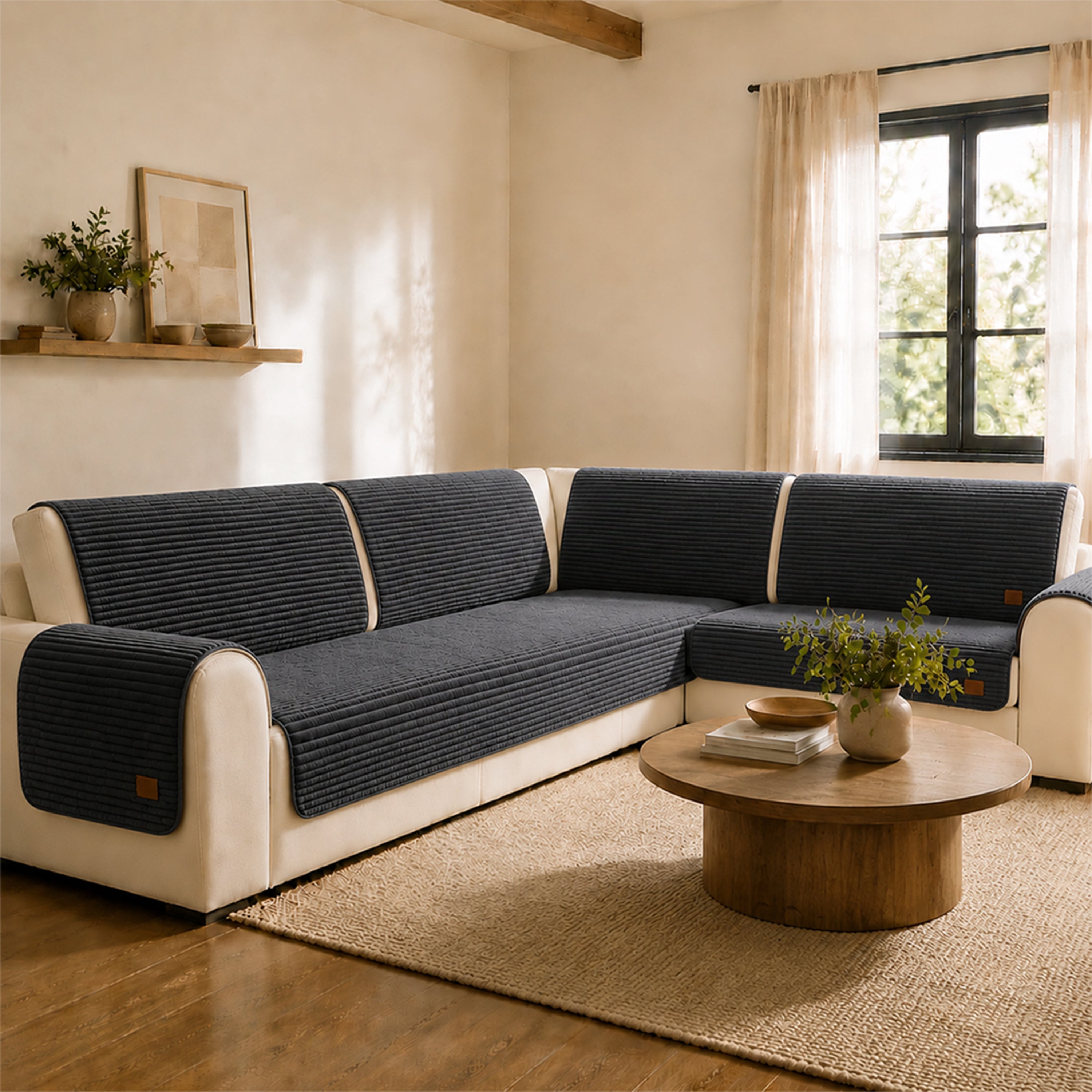 Furry Striped Sofa Protection Non-Slip Couch Cover - Solid