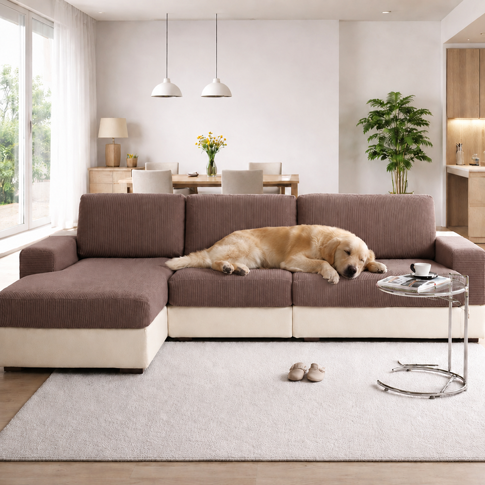 Vertical Stripe Corduroy Anti-Scratch Stretch Full-Cover Corner Sofa Cover