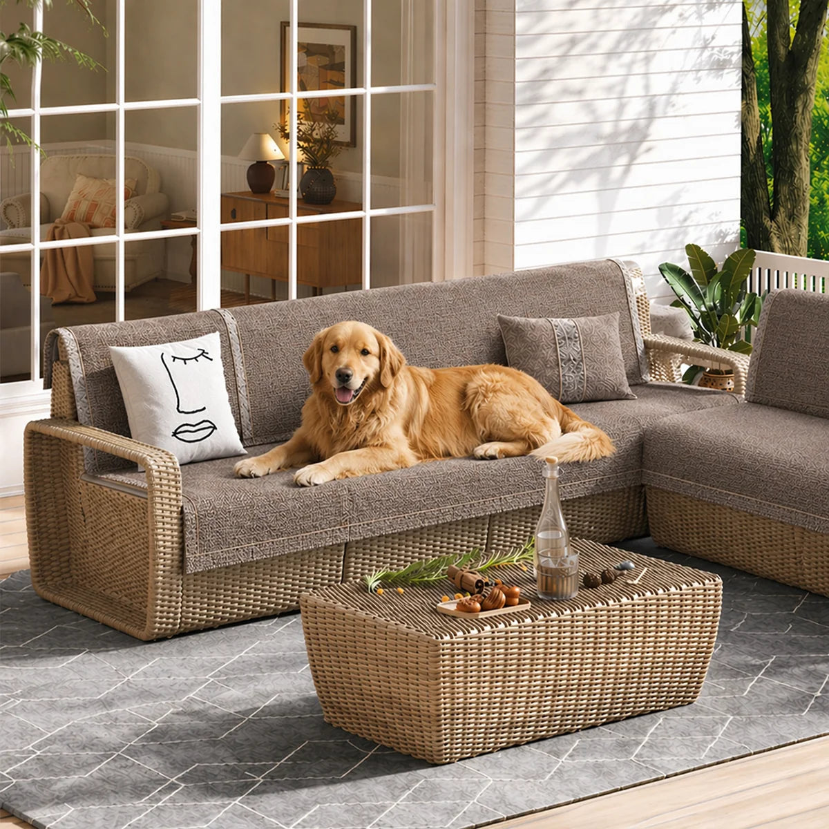 All-Season Modern Tweed Woven Chenille Anti-Slip Outdoor Garden Sofa Cover