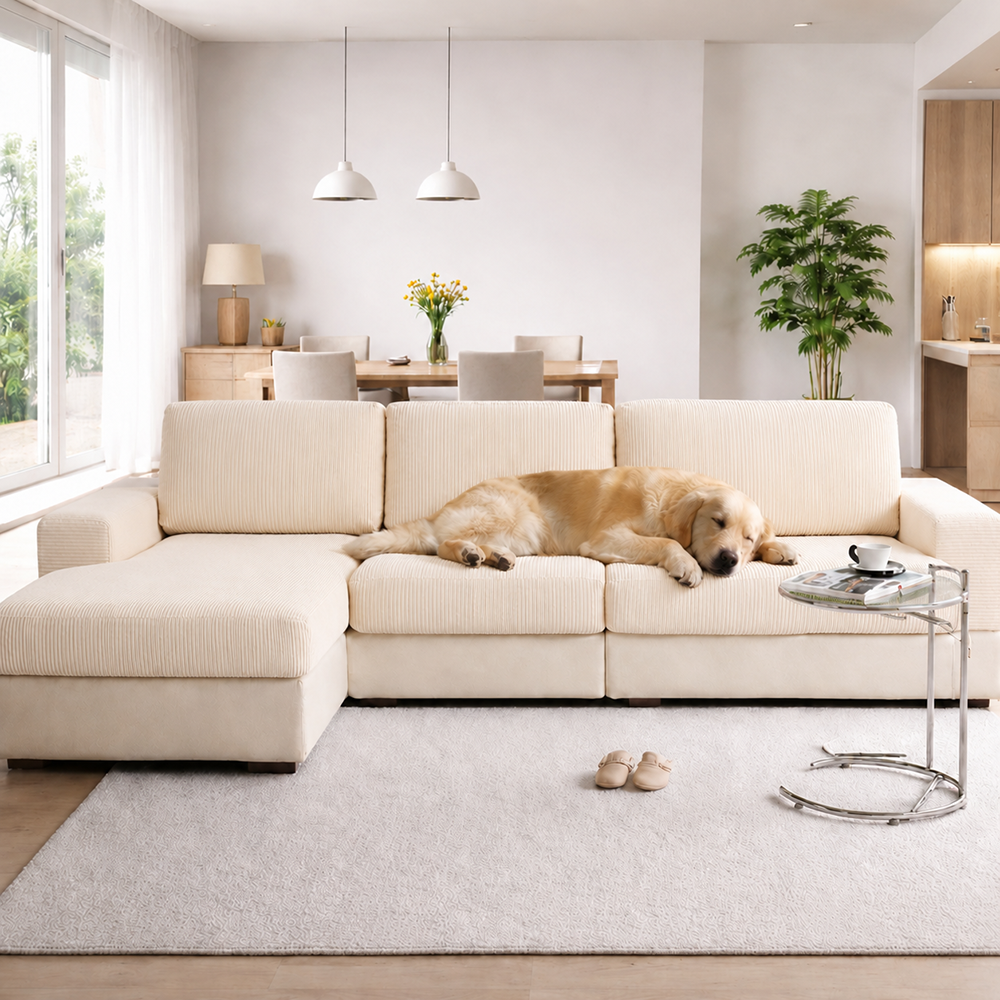 Vertical Stripe Corduroy Anti-Scratch Stretch Full-Cover Corner Sofa Cover