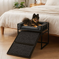 Elevated Pet Sofa Bed with Stairs Ramp for Bedside Lounge or Dog Window Perch - Pet-Friendly Bedroom
