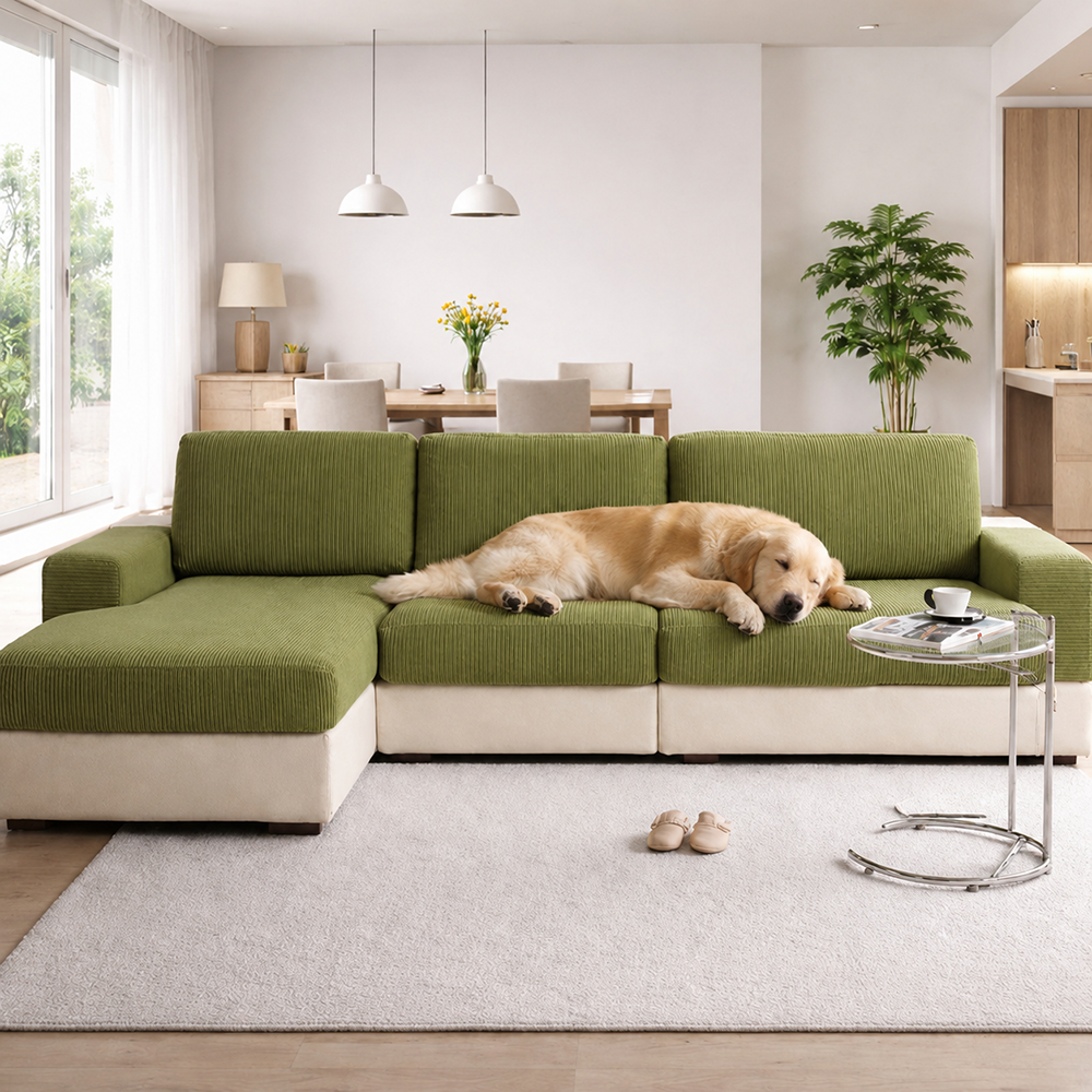 Vertical Stripe Corduroy Anti-Scratch Stretch Full-Cover Corner Sofa Cover