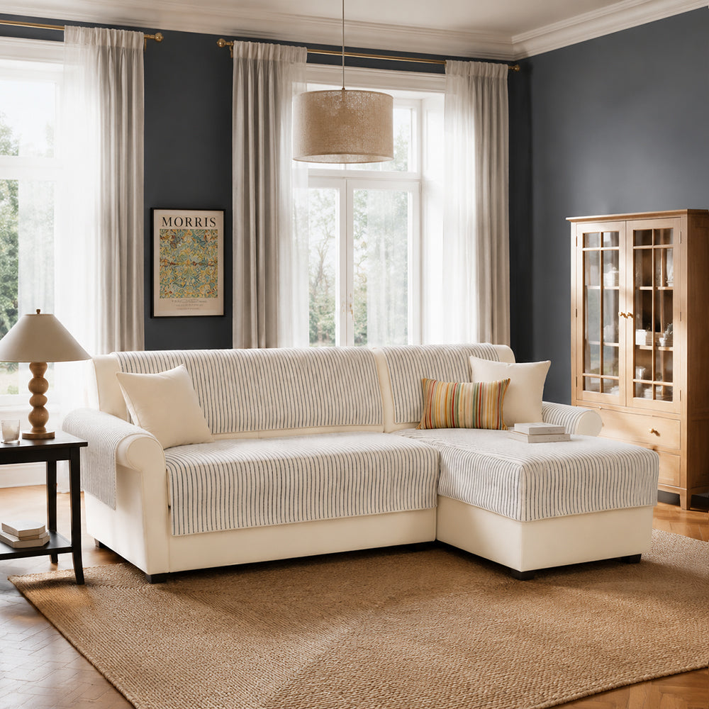 Faux Cotton-Linen Chenille Striped Breathable Scratch-Resistant Corner Sofa Cover