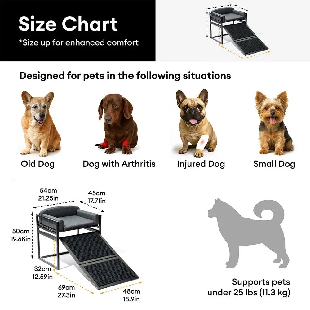 Elevated Pet Sofa Bed with Stairs Ramp for Bedside Lounge or Dog Window Perch - Pet-Friendly Bedroom