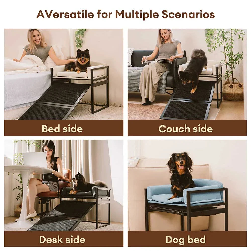 Elevated Pet Sofa Bed with Stairs Ramp for Bedside Lounge or Dog Window Perch - Pet-Friendly Bedroom