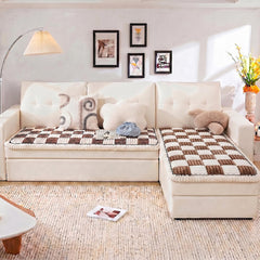 Cream-colored Large Plaid Square Fuzzy Pet Dog Mat Bed Corner Couch Cover