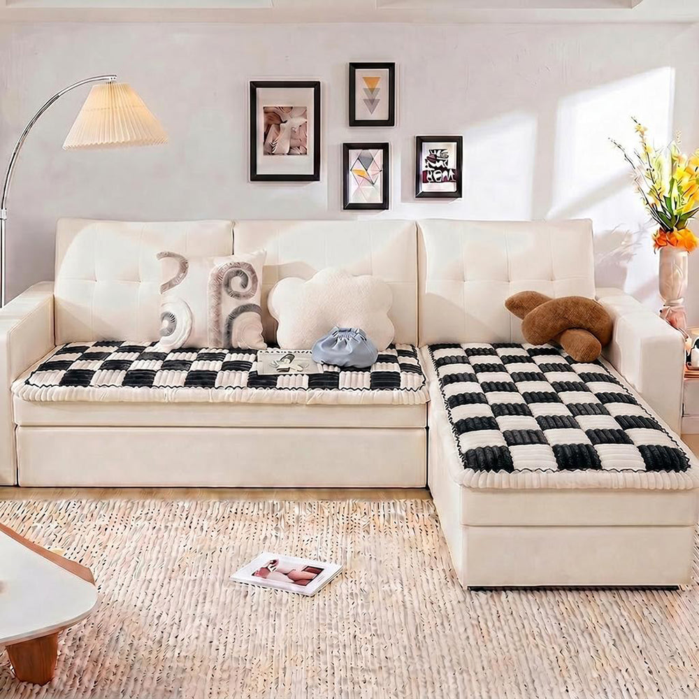 Cream-colored Large Plaid Square Fuzzy Pet Dog Mat Bed Corner Couch Cover
