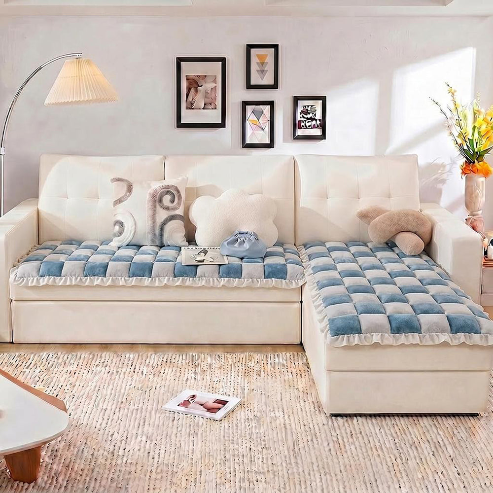 Cream-colored Large Plaid Square Fuzzy Pet Dog Mat Bed Corner Couch Cover