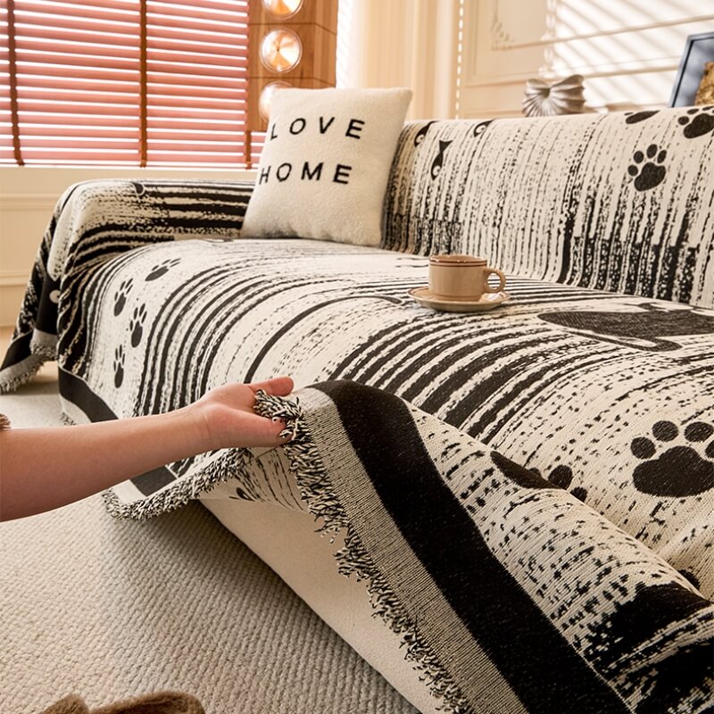 Cartoon Paw Print Chenille Anti-Scratch Throw Sofa Cover Sofa Throws