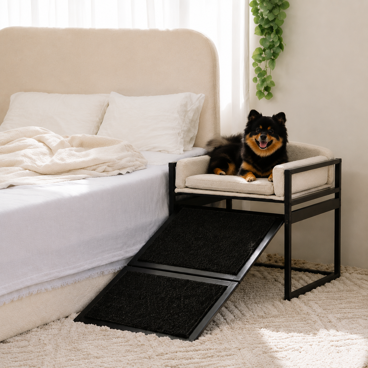 Elevated Pet Sofa Bed with Stairs Ramp for Bedside Lounge or Dog Window Perch - Pet-Friendly Bedroom