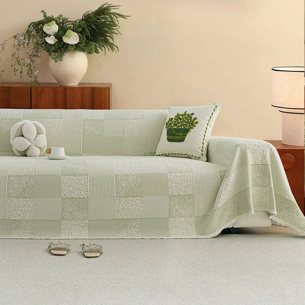 Checkered Skin-Friendly Cooling Ice Silk Sofa Decor Protective Couch Cover
