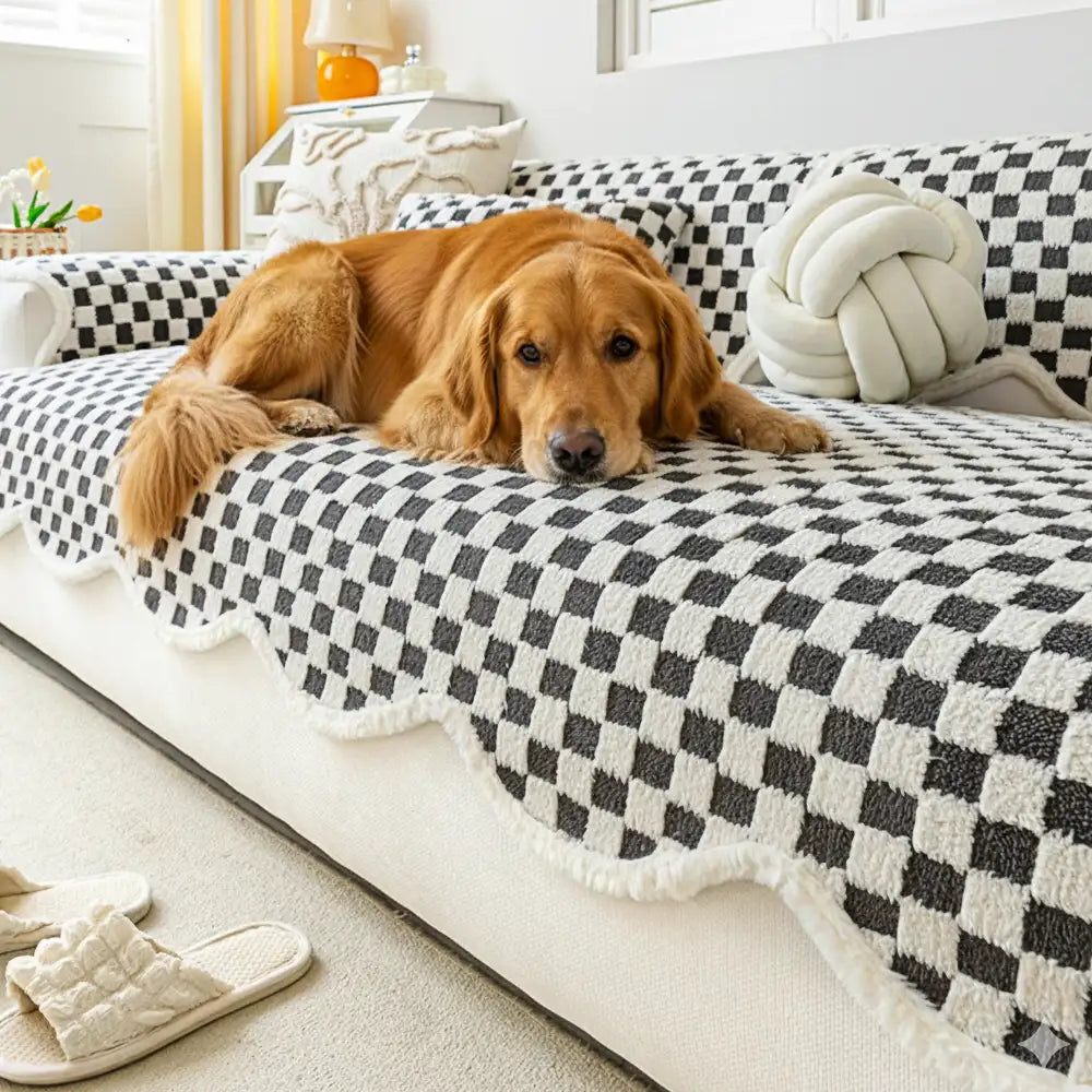 Classic Chequerboard Plush Comfortable Scratch-Resistant Non-Slip Sofa Cover