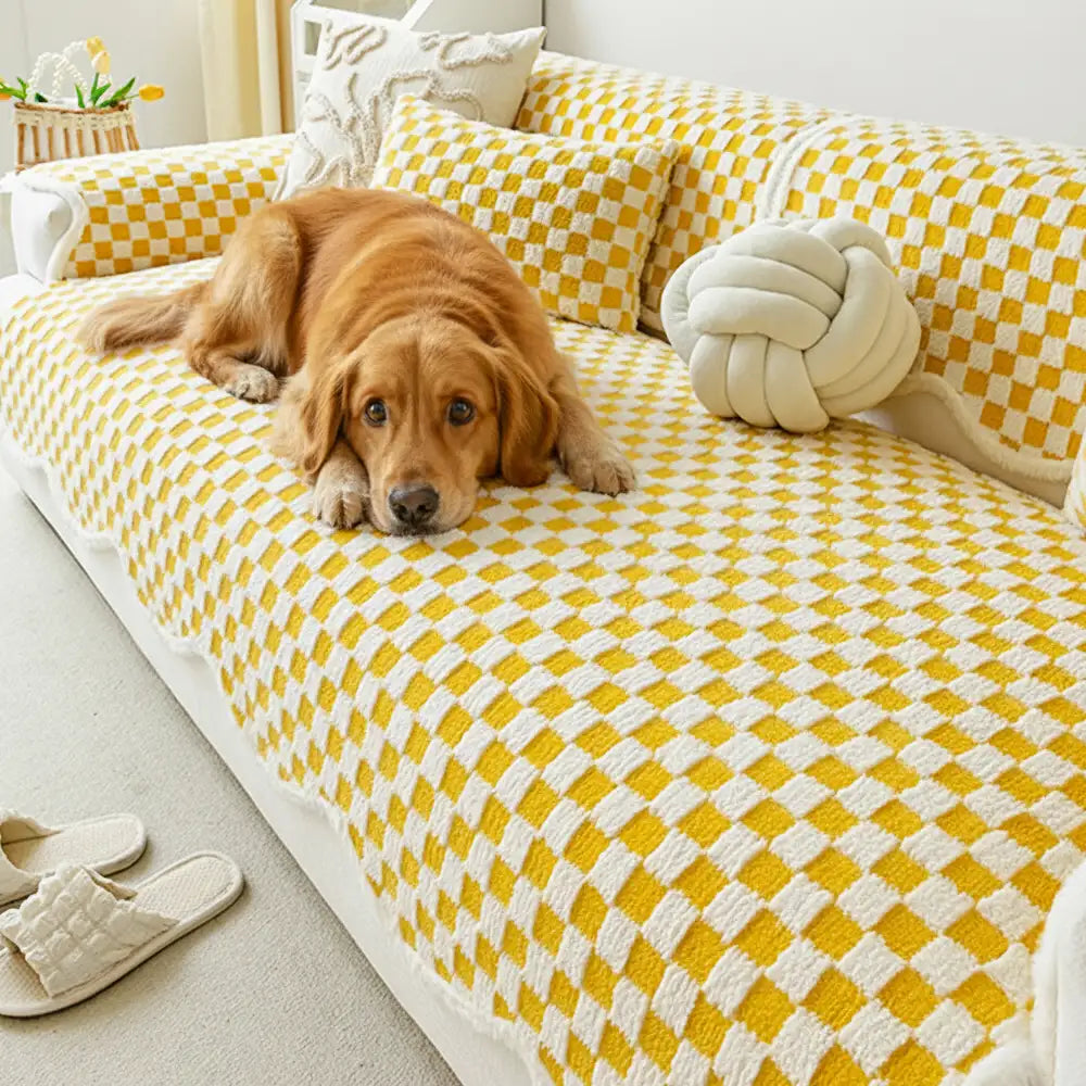Classic Chequerboard Plush Comfortable Scratch-Resistant Non-Slip Sofa Cover