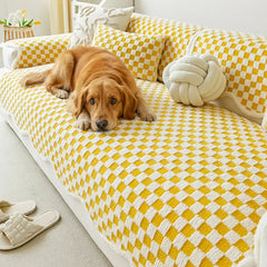 Classic Chequerboard Plush Comfortable Scratch-Resistant Non-Slip Sofa Cover