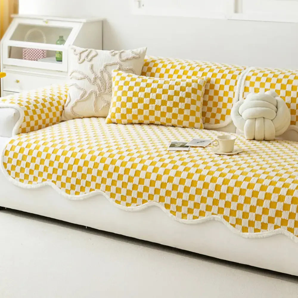 Classic Chequerboard Plush Comfortable Scratch-Resistant Non-Slip Sofa Cover