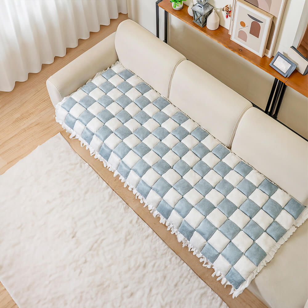 Cream-colored Large Plaid Square Fuzzy Pet Dog Mat Bed Corner Couch Cover