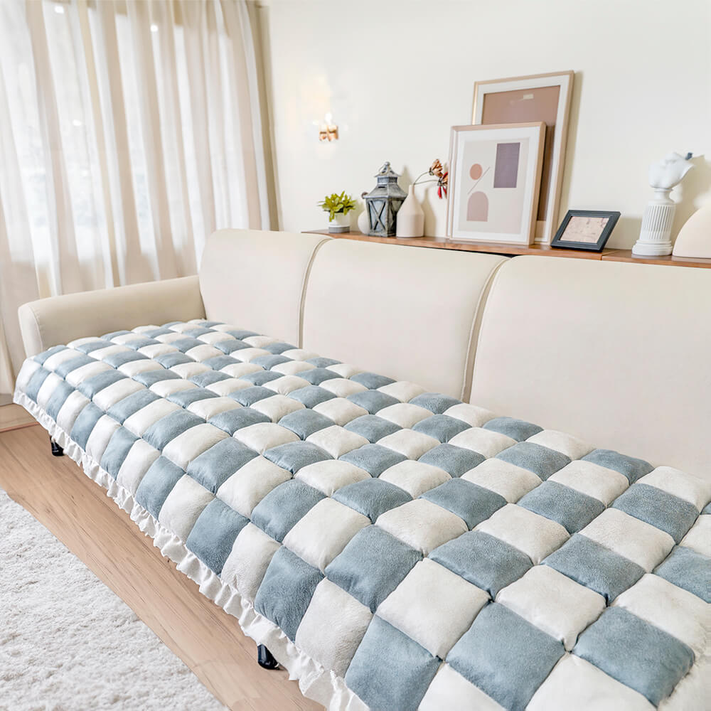 Cream-colored Large Plaid Square Fuzzy Pet Dog Mat Bed Corner Couch Cover