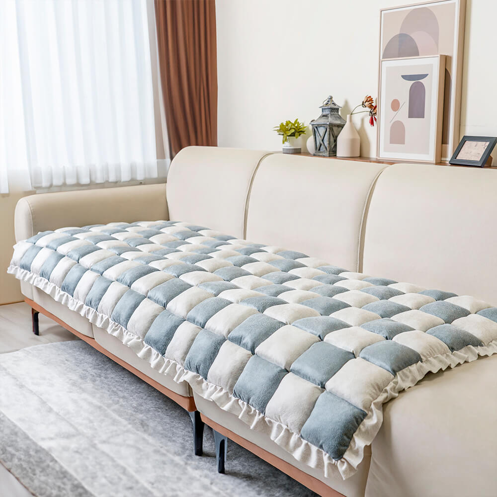 Cream-colored Large Plaid Square Fuzzy Pet Dog Mat Bed Corner Couch Cover