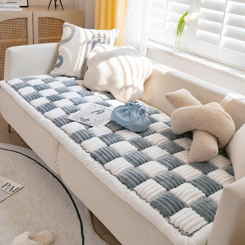 Cream-colored Large Plaid Square Fuzzy Pet Dog Mat Bed Corner Couch Cover