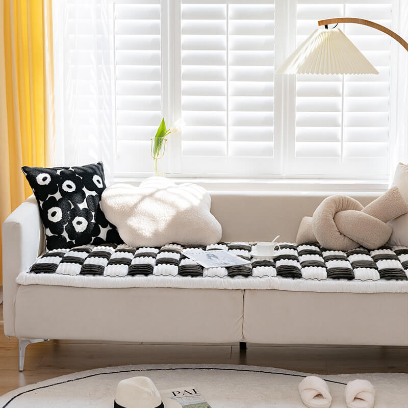 Cream-colored Large Plaid Square Fuzzy Pet Dog Mat Bed Corner Couch Cover