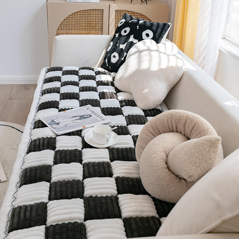 Cream-colored Large Plaid Square Fuzzy Pet Dog Mat Bed Corner Couch Cover