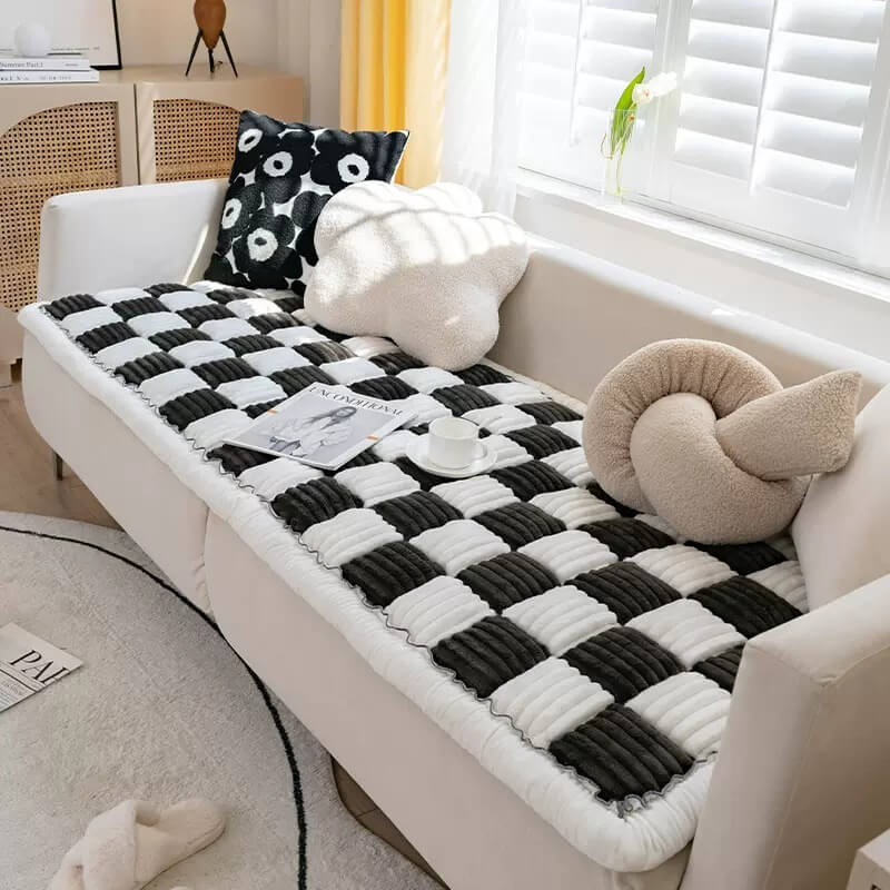 Cream-colored Large Plaid Square Fuzzy Pet Dog Mat Bed Corner Couch Cover