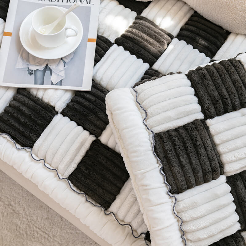 Cream-colored Large Plaid Square Fuzzy Pet Dog Mat Bed Corner Couch Cover
