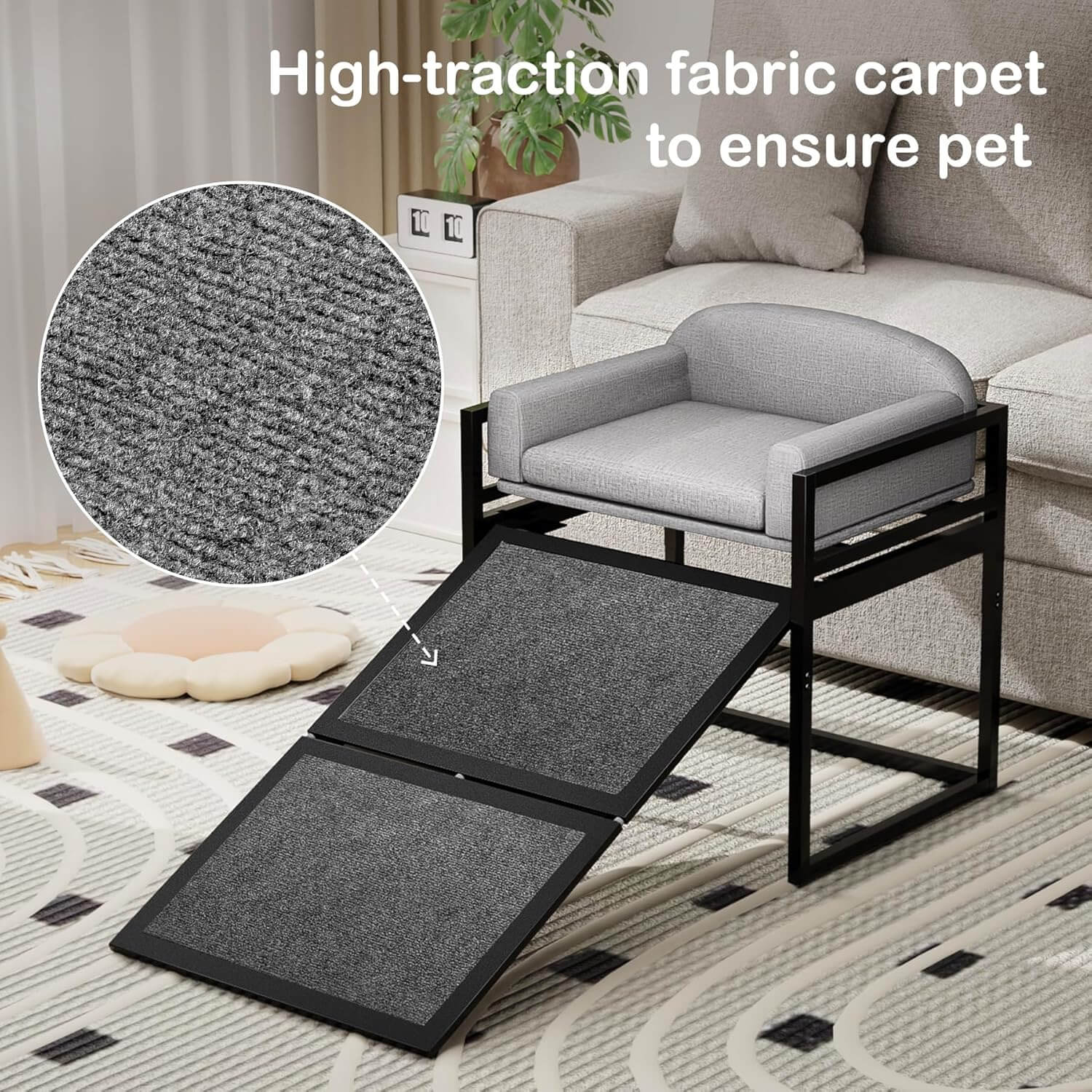 Elevated Pet Sofa Bed with Stairs Ramp for Bedside Lounge or Dog Window Perch - Pet-Friendly Bedroom