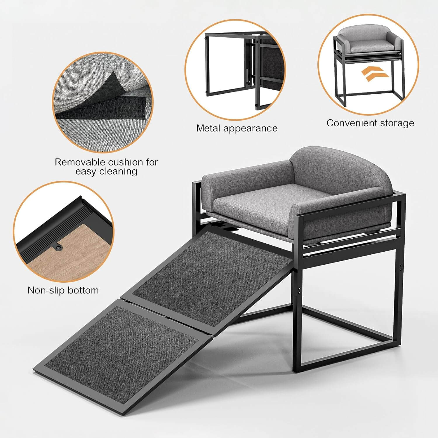 Elevated Pet Sofa Bed with Stairs Ramp for Bedside Lounge or Dog Window Perch - Pet-Friendly Bedroom