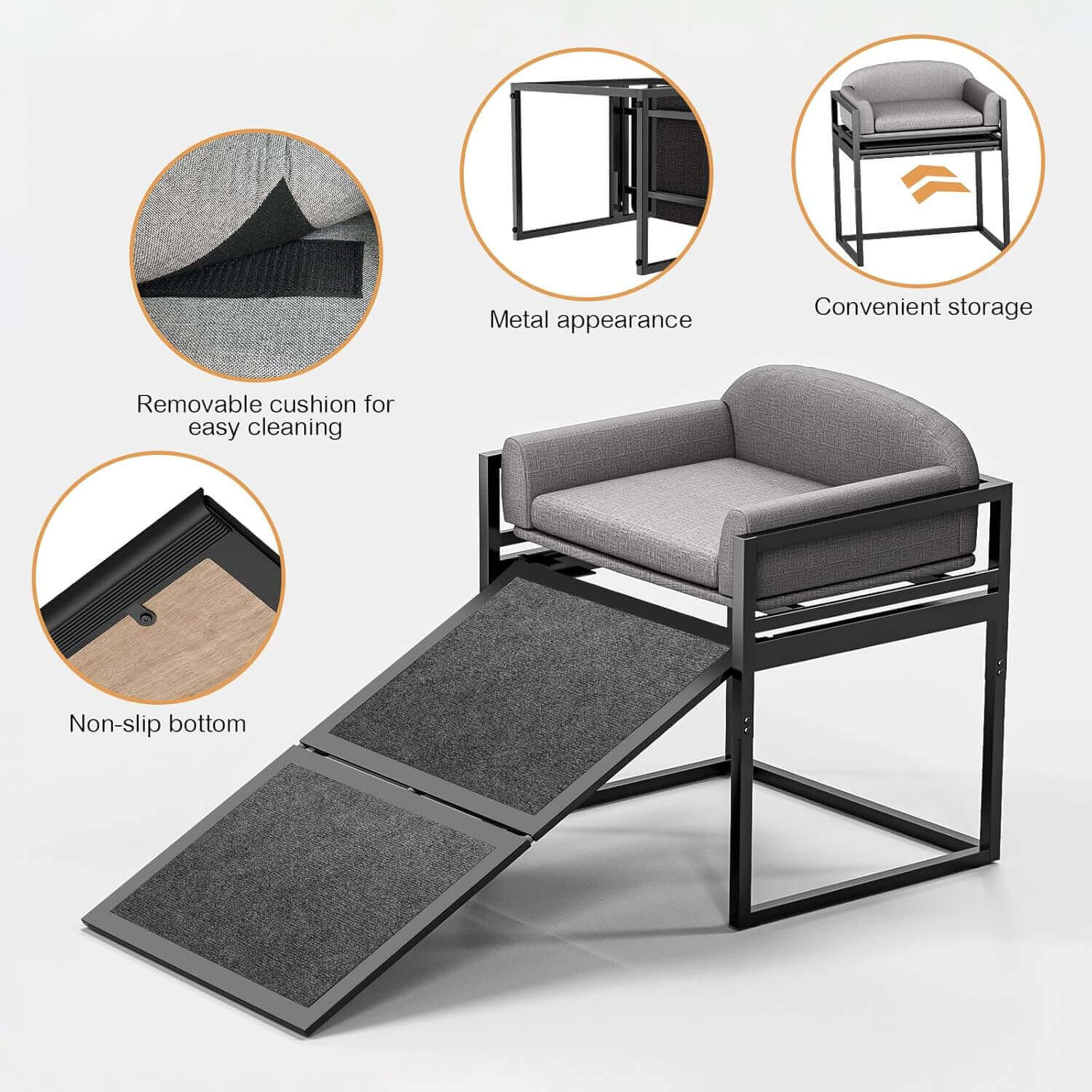 Elevated Pet Sofa Bed with Steps Ramp for Bedside Lounge or Dog Window Perch