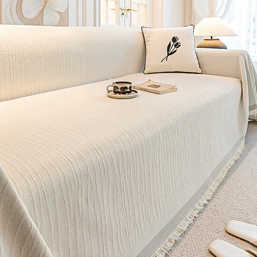 Cream Chenille Textured Pet-Friendly Anti-Scratch Throw Sofa Cover Sofa Throws