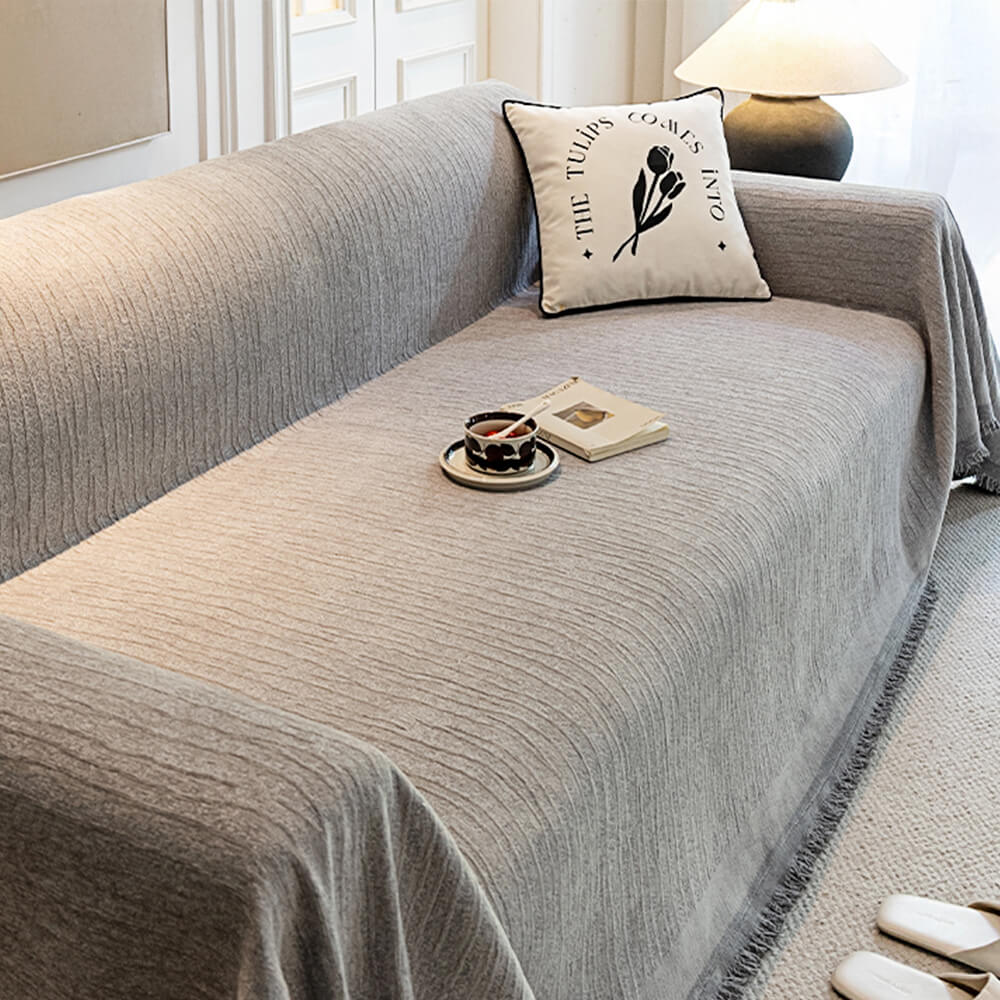 Cream Chenille Textured Pet-Friendly Anti-Scratch Throw Sofa Cover Sofa Throws