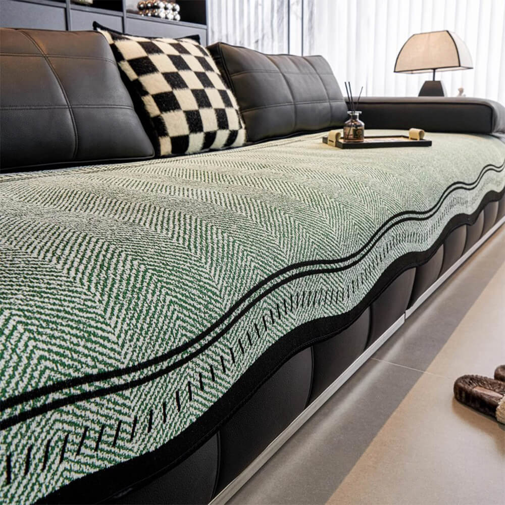 Non-Slip Herringbone Chenille Sofa Cover with Wavy Edges