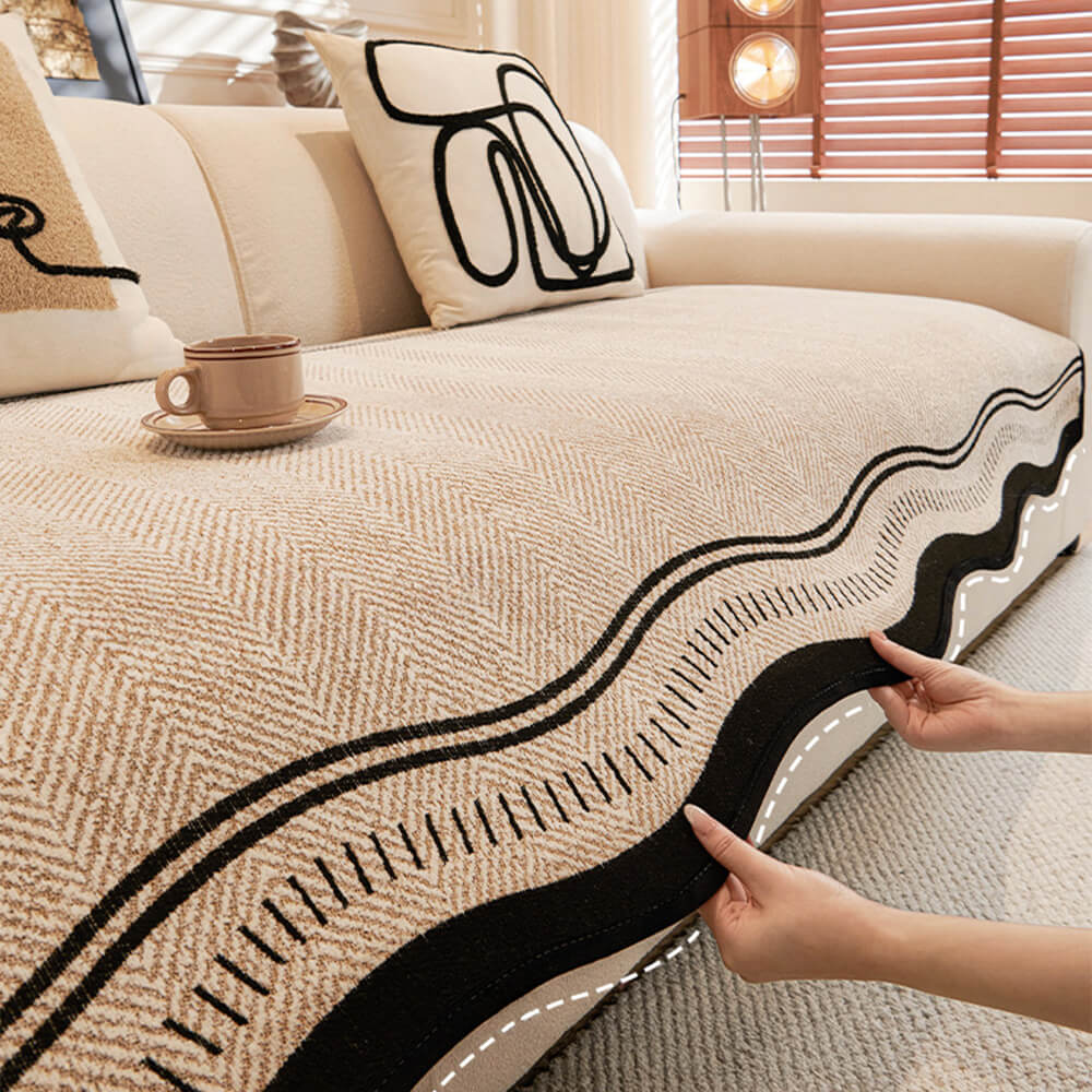 Non-Slip Herringbone Chenille Sofa Cover with Wavy Edges