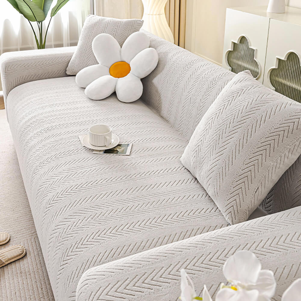 Elegant Herringbone Cream Aesthetic Stretch Sofa Cover Armchair Cover
