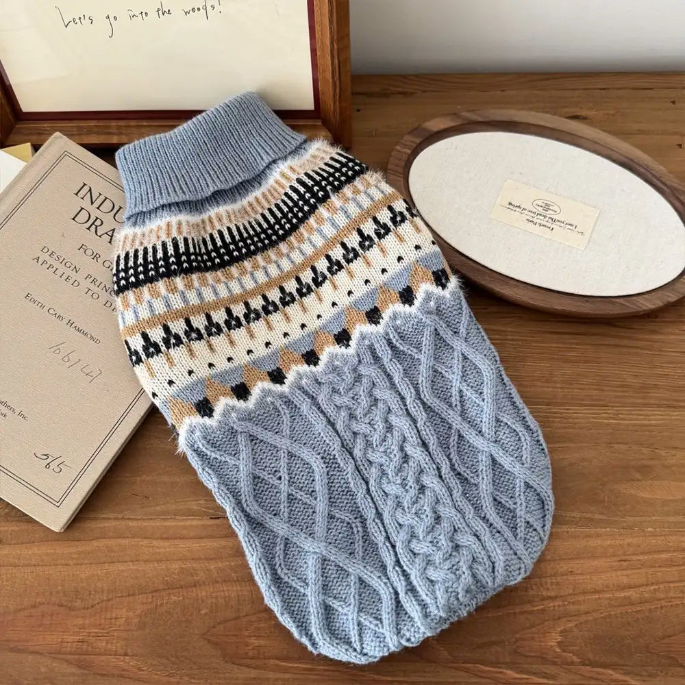 Fair Isle Pattern Knitted Linen Dog Jumper Sweater with Classic Collar