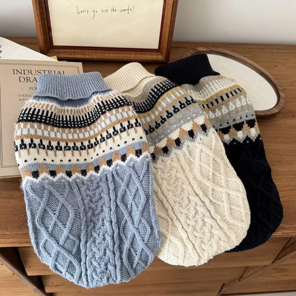 Fair Isle Pattern Knitted Linen Dog Jumper Sweater with Classic Collar